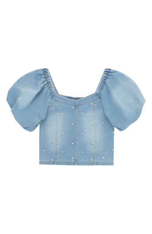 Truce Kids' Crop Stud Puff Sleeve Cotton Blend Chambray Top in Light Stone