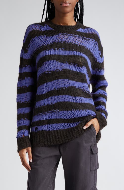 Acne Studios Karita Distressed Stripe Open Stitch Cotton, Mohair & Wool Blend Jumper In Warm Charcoal Grey/purple