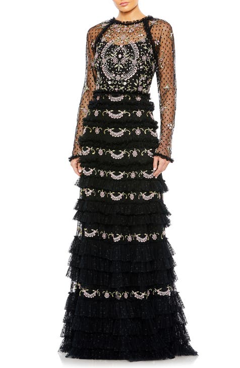 Floral Embroidered Mesh Long Sleeve Column Gown
