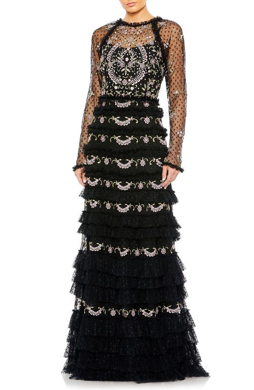 Mac Duggal Floral Embroidered Mesh Long Sleeve Column Gown Black Multi at Nordstrom,