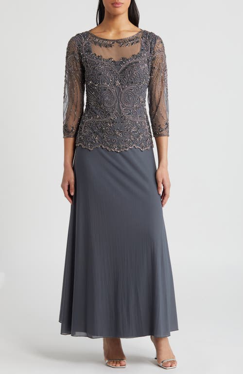 Pisaro Nights Beaded Mesh Mock Two-Piece Gown in Smoke