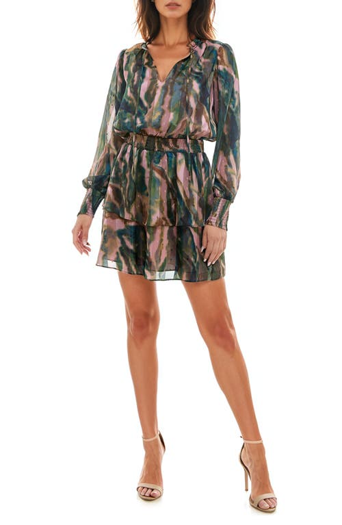 Shop Socialite Print Metallic Tiered Long Sleeve Minidress In Clay/navy/teal