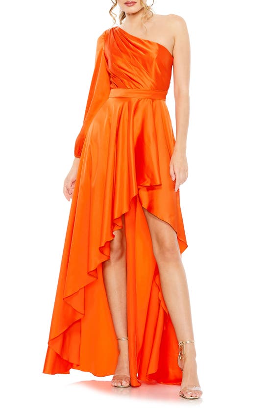 Shop Mac Duggal One-shoulder Single Long Sleeve High-low Gown In Orange