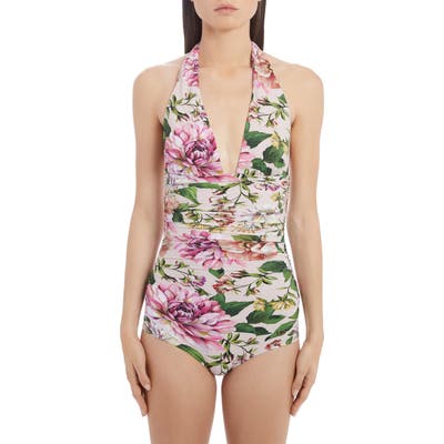 Dolce & gabbana Floral Print Ruched One-Piece Swimsuit, (fits like 0-2 US) - Pink
