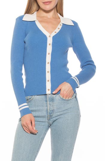 Shop Alexia Admor Charlie Collared Ribbed Shirt In Blue/ivory