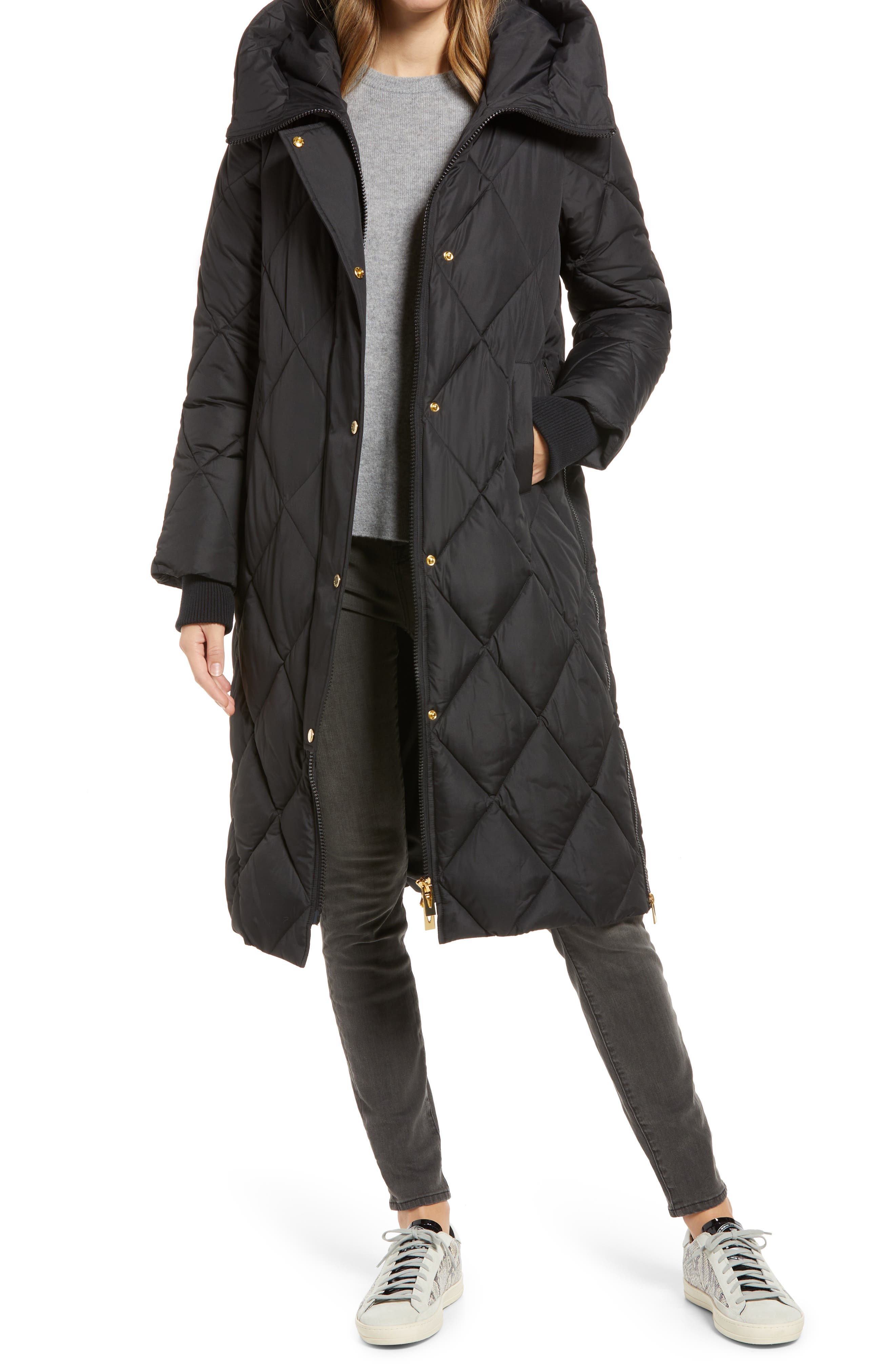 black longline puffer coat womens