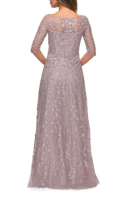 Shop La Femme Floor Length Floral Dress With Three Quarter Sleeves In Orchid Pink