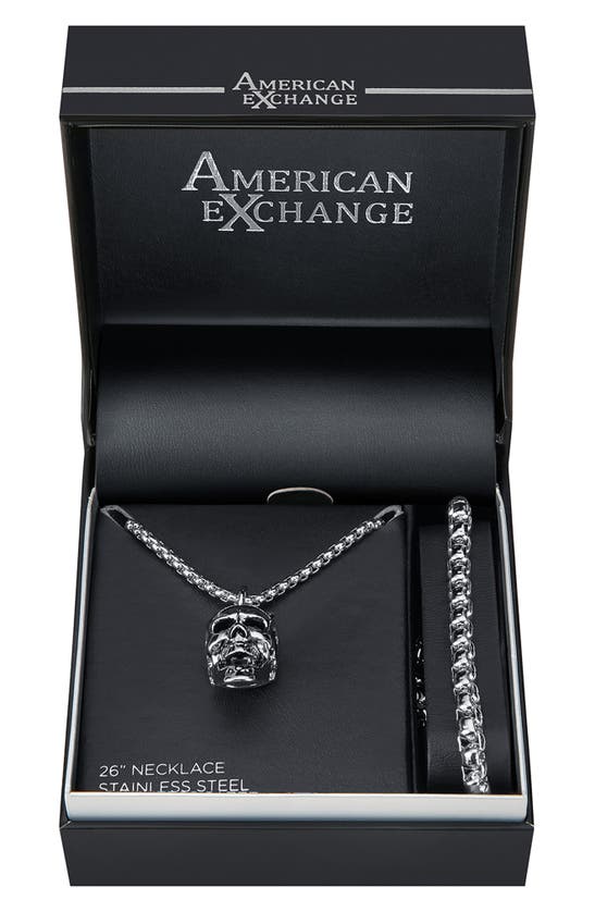 American Exchange Skull Pendant Necklace & Bracelet Set In Silver
