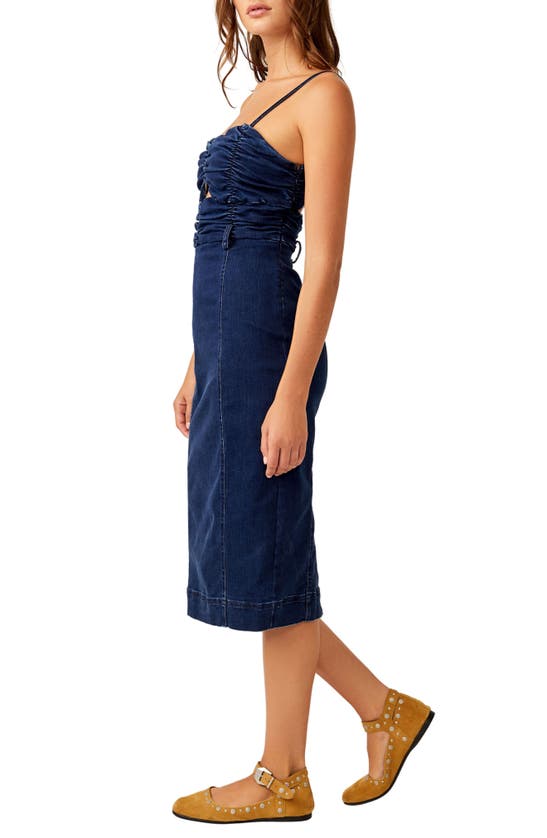 Shop Free People Serenity Ruched Denim Midi Dress In Midnight