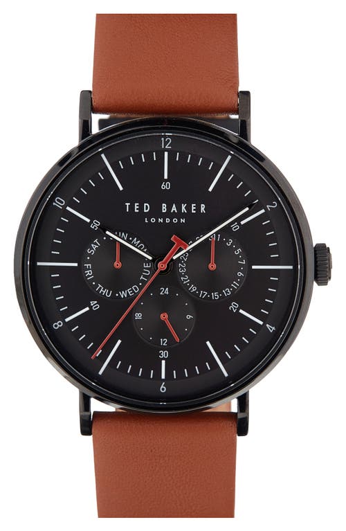 Shop Ted Baker London Timeless Leather Strap Watch, 20mm In Black/black/tan