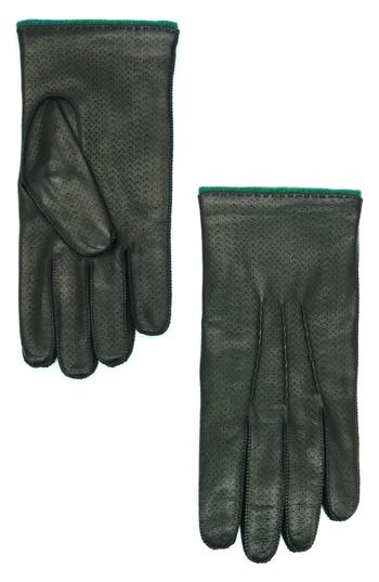 Shop Portolano Perforated Leather Gloves In Black/moss