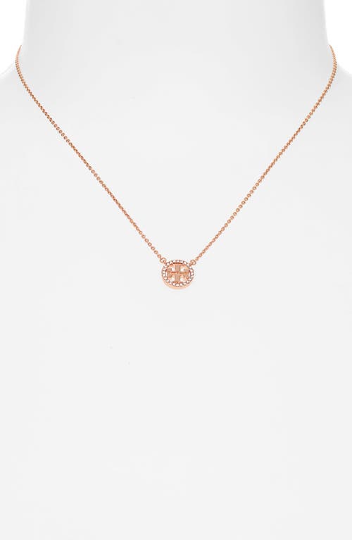 Tory Burch Delicate Crystal Logo Pendant Necklace In Rose Gold/crystal