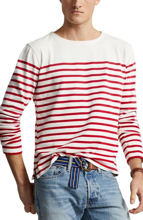 Stripe Long Sleeve Boat Neck Cotton T-Shirt