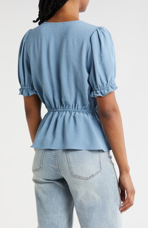 Shop Melrose And Market Button Detail Puff Sleeve Top In Blue Provincial