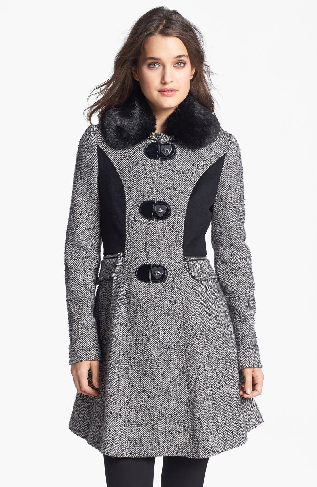 Betsey Johnson Faux Fur Collar Tweed Coat | Nordstrom