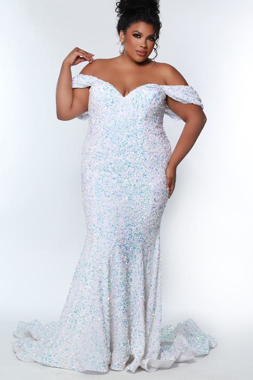 Johnathan Kayne For Sydneys Closet Off The Shoulder Plus Size Sequin Velvet Fitted Formal Gown In Unicorn