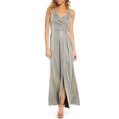 Morgan & Co. Shimmer Wrap Front Gown, Metallic