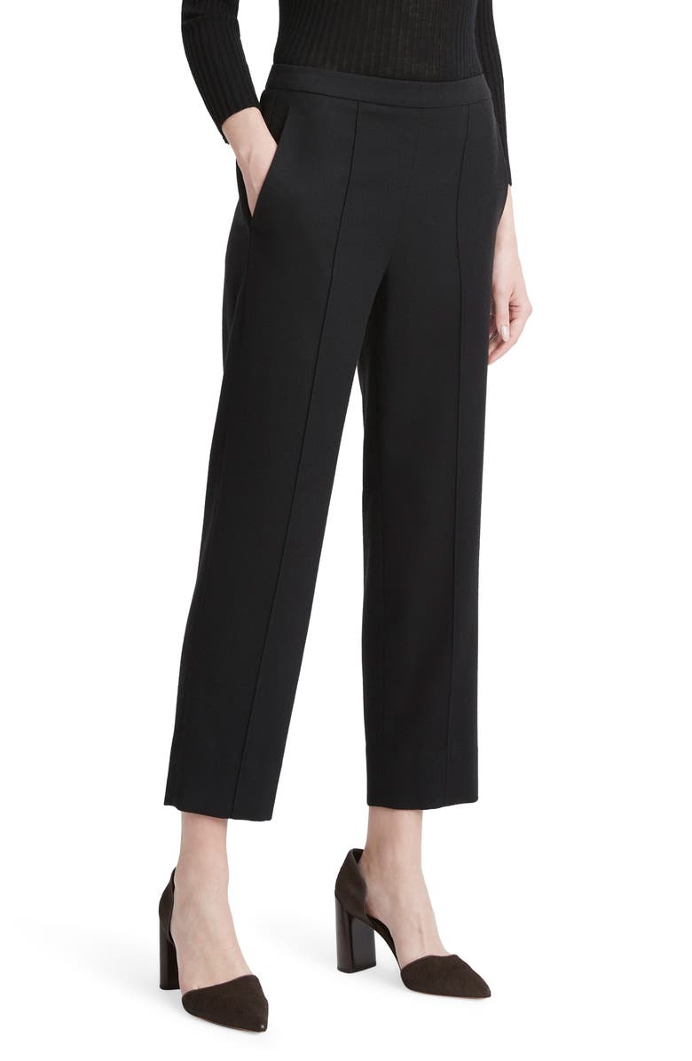 Vince Crop Pleated Brushed Wool Blend Pull-On Pants, Alternate, color, Black
