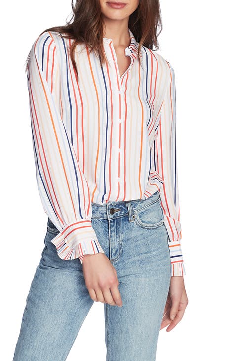 Tropical Stripe Ruffle Detail Button-Up Shirt
