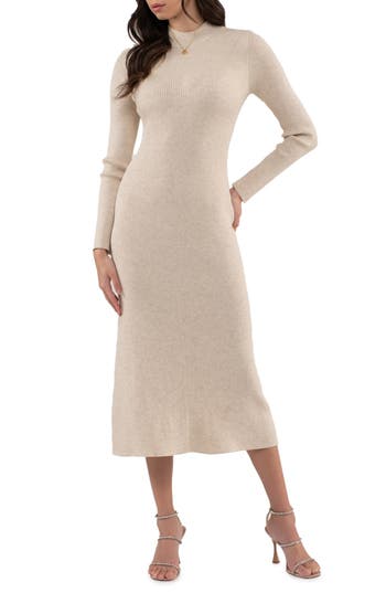 August Sky Shimmery Ribbed Long Sleeve Midi Sweater Dress In Oatmeal