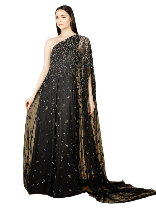 Lara New York One Shoulder Cape Sleeve Gown In Black