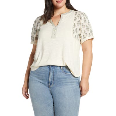 Plus Size Lucky Brand Mixed Media Embroidered Top, Beige