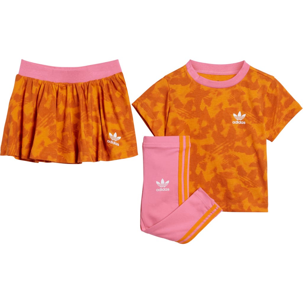 Adidas Originals Kids' Adidas Lifestyle T-shirt, Skirt & Leggings Set In Bright Orange/pink Fusion