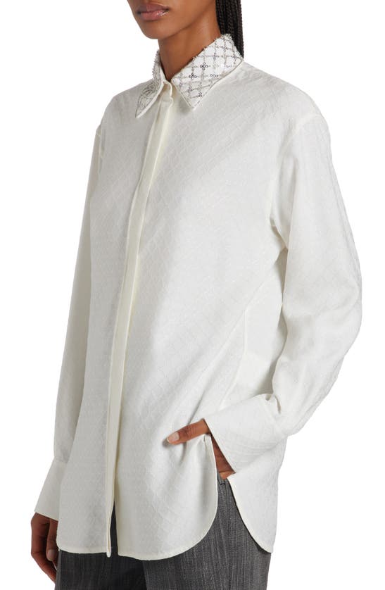 Shop Golden Goose Crystal Embellished Jacquard Silk Blend Button-up Shirt In Heritage White