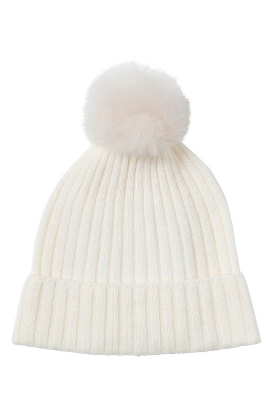 Amicale Cashmere Genuine Shearling Pompom Beanie In Ivory