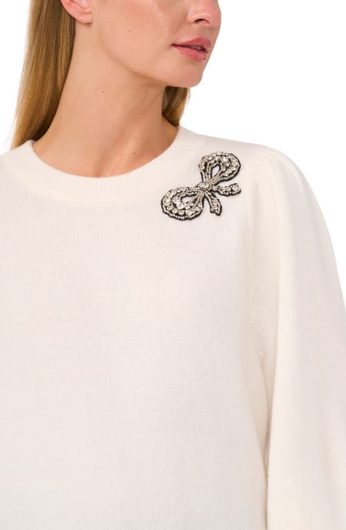 Shop Cece Rhinestone Bow Appliqué Sweater In Antique White