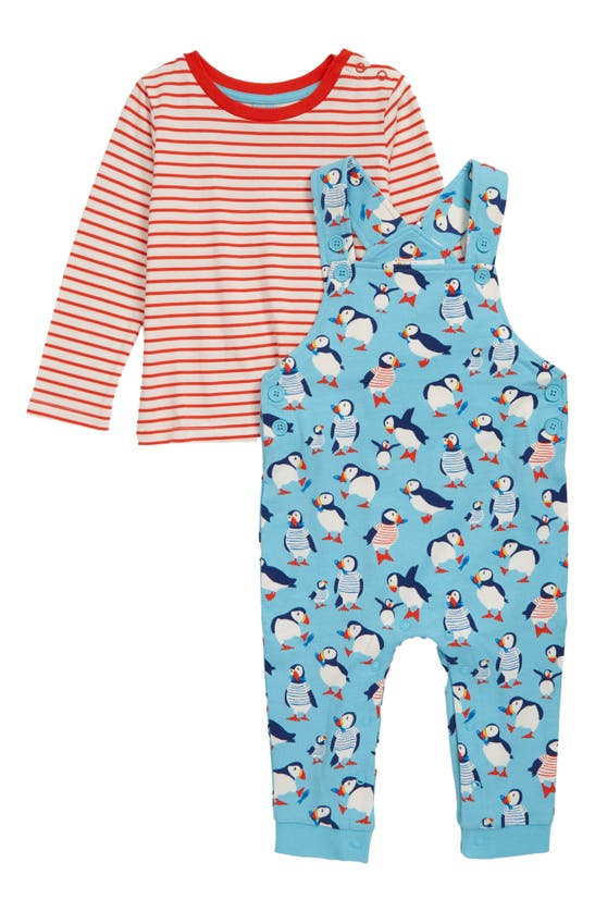 Mini Boden Babies' Print Jersey Overalls & Stripe T-shirt Set In Aqua Blue Puffins