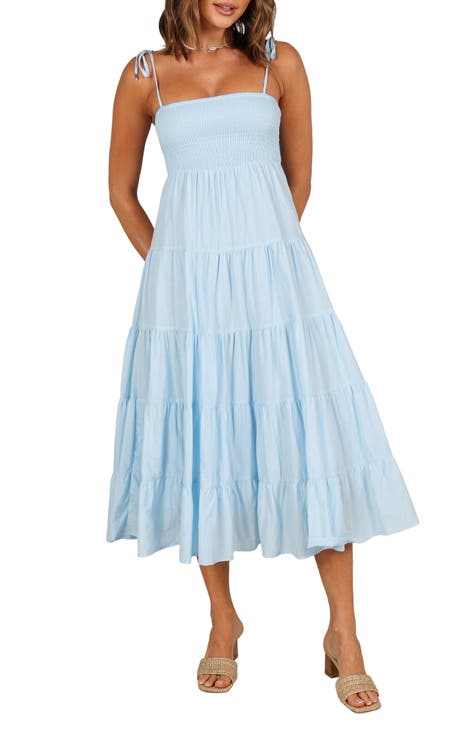 Morgan & Co. Satin Tie Waist Flutter Sleeve Tiered Dress
