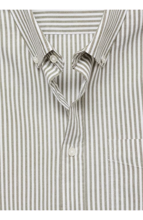 Shop Mango Kodak Stripe Regular Fit Poplin Button-down Shirt<br /> In Khaki