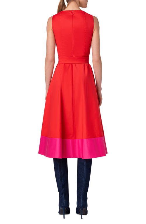 Akris Punto Cotton Poplin Colorblock Midi Dress With Belted Waist In Red-pink