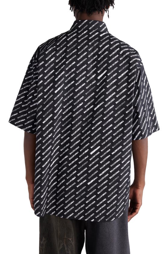 Shop Balenciaga Oversize Logo Short Sleeve Cotton Button-down Shirt In Black/ White