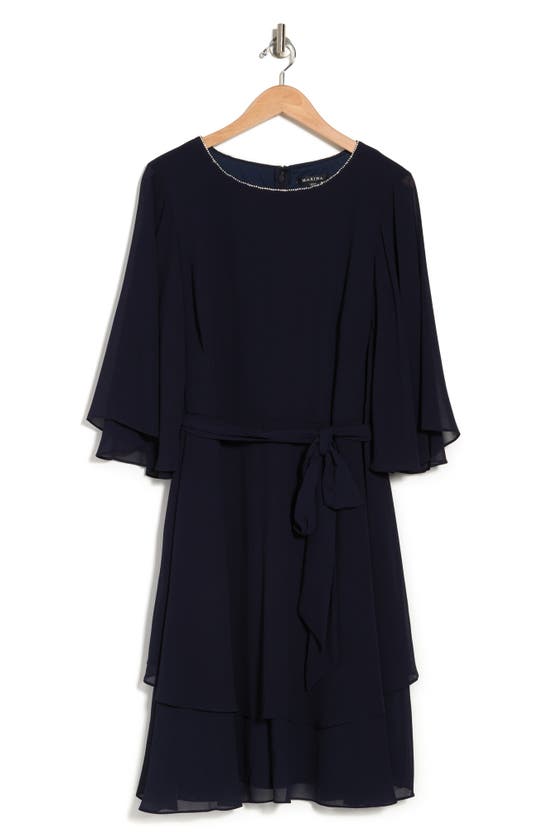 Marina Chiffon Flutter Sleeve Dress In Navy