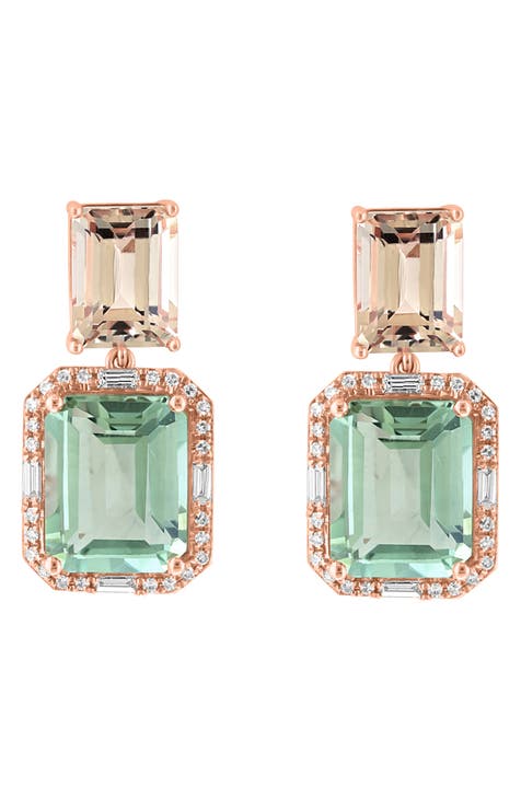14K Rose Gold Diamond Prasiolite & Morganite Drop Earrings