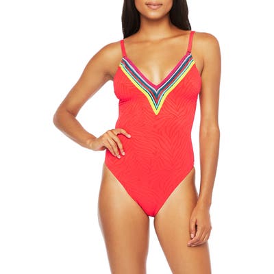 Trina Turk Stripe Trim Zebra One-Piece Swimsuit, Red