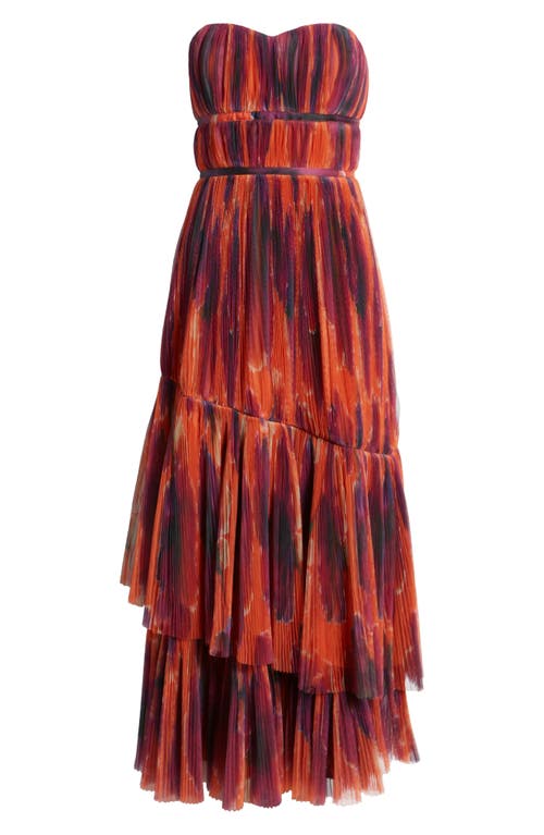 Shop Hutch Print Plissé Layered Ruffle Strapless Gown In Rust Ink Blot Floral