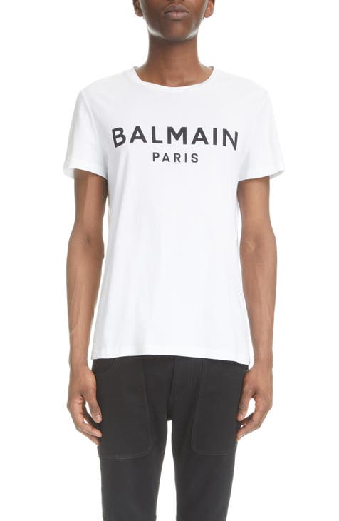 Balmain Flocked Monogram Crewneck Jersey T-Shirt in Ivory/Black