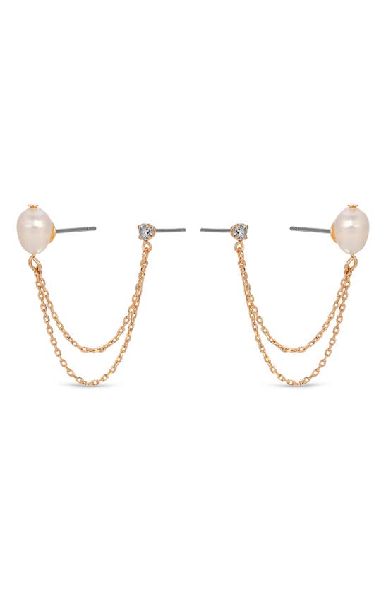Ettika Double Post Pearl And Crystal Draped Chain Earrings In Gold