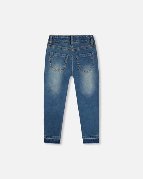 Shop Deux Par Deux Girl's Jeans With Embroidery Patch Blue Denim In Navy Denim