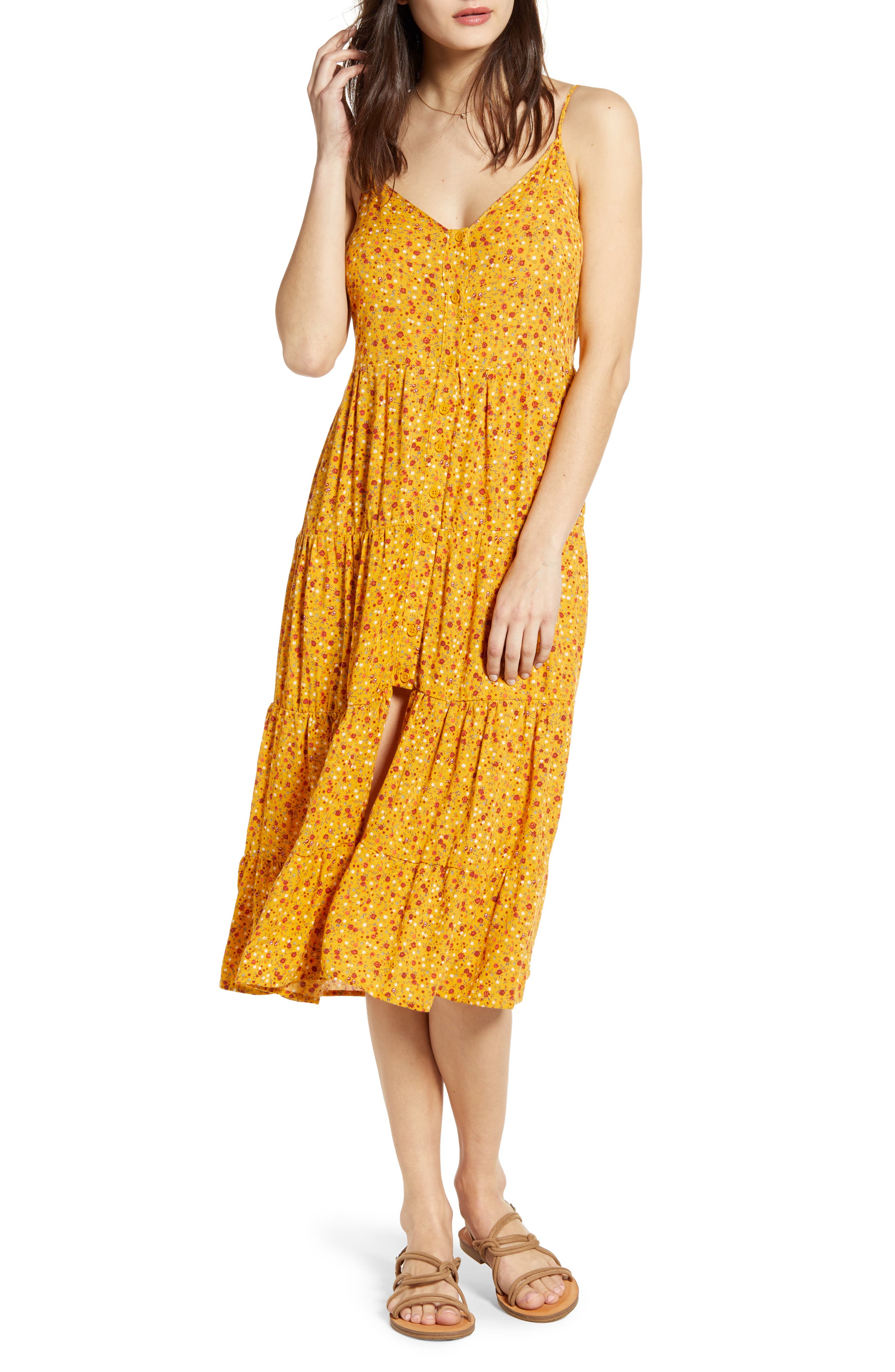 Band Of Gypsies Floral Print Slit Front Tiered Midi Dress, Yellow