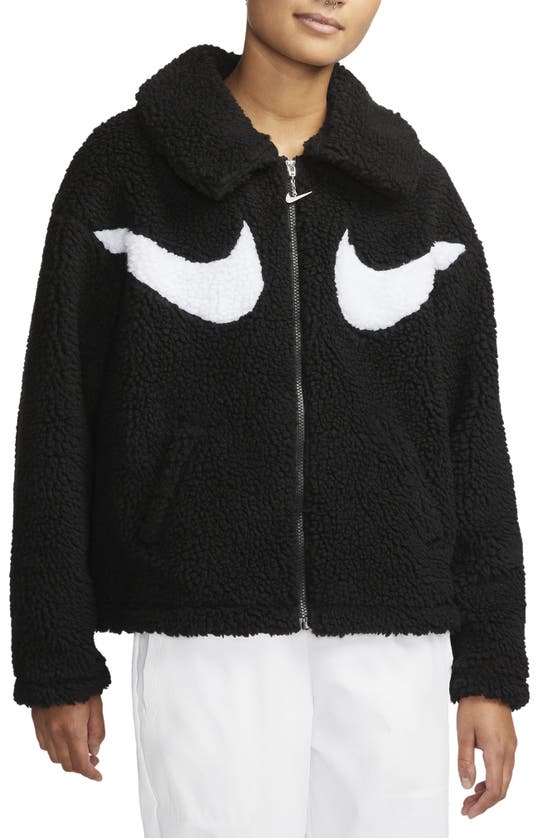 Nike Swoosh Fleece Front Zip Jacket In Black/ White
