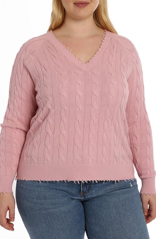 Frayed V-Neck Cable Knit Cotton Sweater in Pink Pearl
