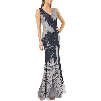 Js Collections Leaf Soutache Trumpet Gown, Blue