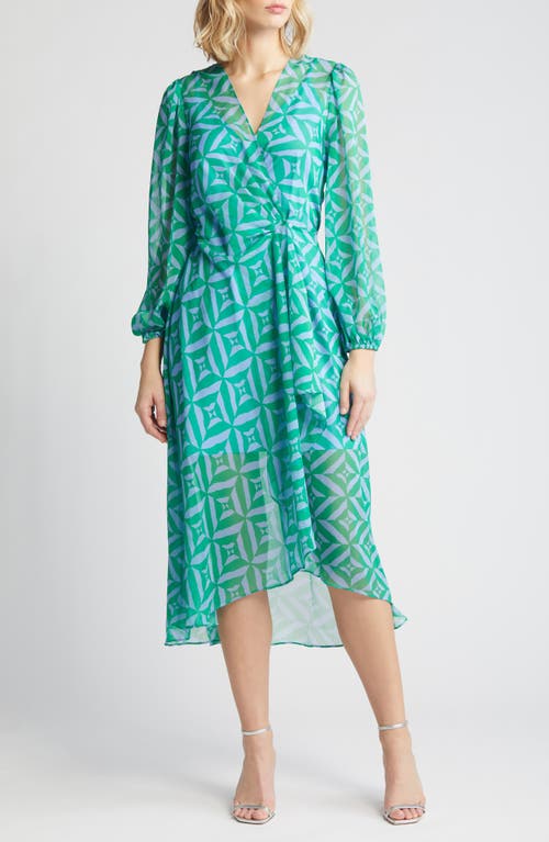 Sam Edelman Geometric Long Sleeve Chiffon Wrap Dress Green/Blue at Nordstrom,