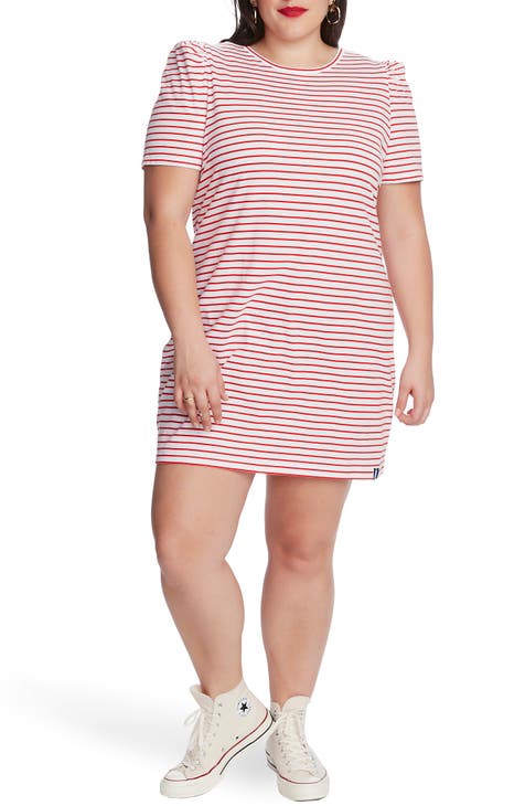 Stripe Puff Sleeve Cotton Knit T-Shirt Dress (Plus Size)