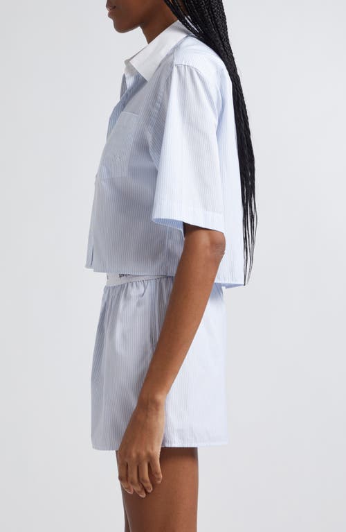 Shop Sporty And Rich Sporty & Rich Embroidered Crop Shirt In White/light Blue Stripe