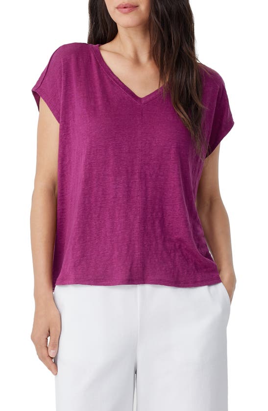 Eileen Fisher V-neck Short-sleeve Organic Linen Tee In Raspberry